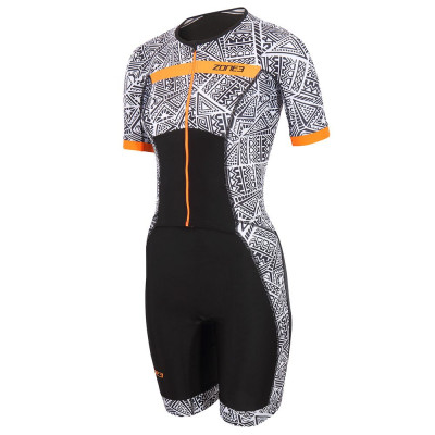 Dámska Triatlonová kombinéza Zone 3 Activate+ Kona Speed Short Sleeve Full Zip Trisuit čierna biela oranžová