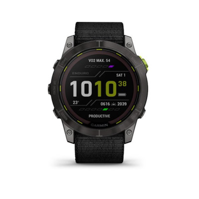 Enduro 2, Sapphire Solar, Carbon Gray DLC Titanium. Black UltraFit Nylon strap