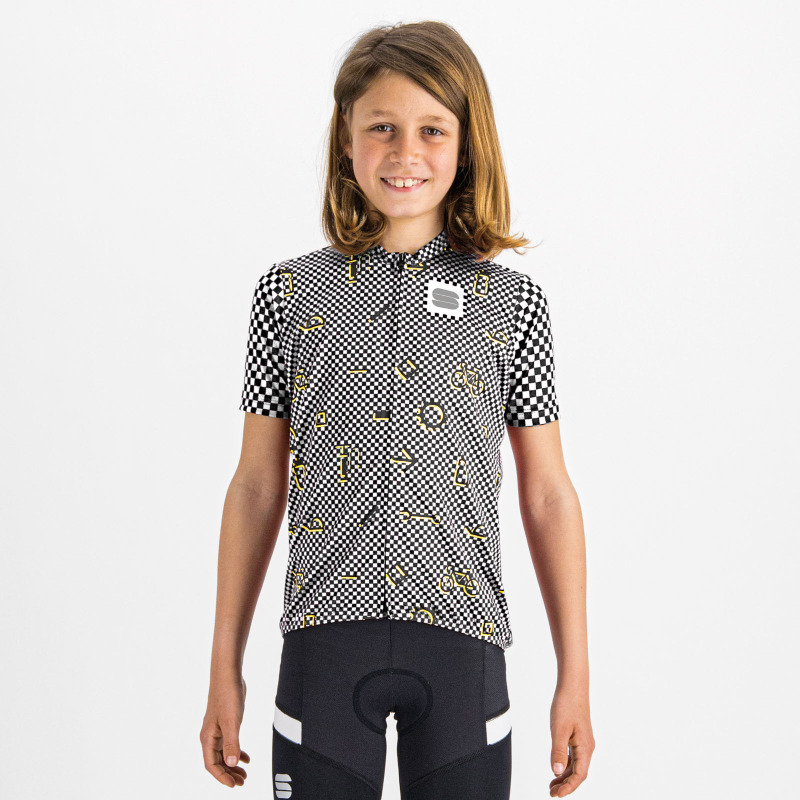 Letný cyklistický dres detský Sportful Checkmate čierny/biely/žltý