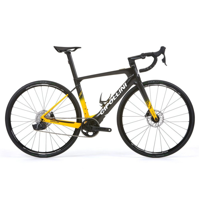 Elektrický cestný bicykel Cipollini Flusso Sram AXS s kotúčovými brzdami čierny/žltý