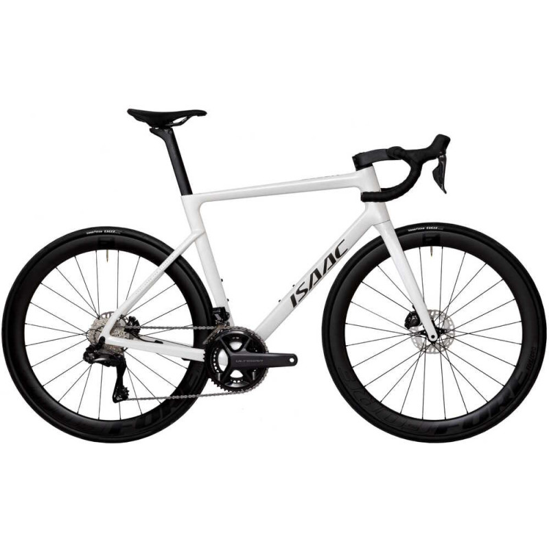Cestný bicykel Isaac Boson Mineral White 105 Di2 s Ultegra pedálmi a karbónovými košíkmi