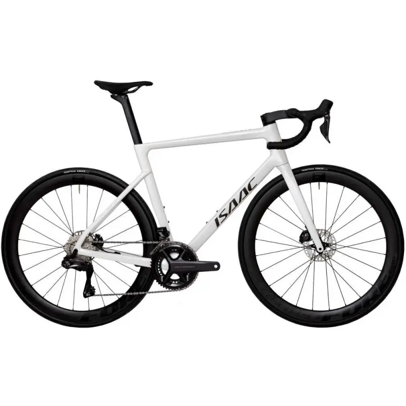 Cestný bicykel Isaac Boson Mineral White 105 Di2 s Ultegra pedálmi a karbónovými košíkmi