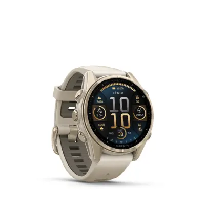fenix 8 - 43mm, AMOLED, Sapphire, Soft Gold, Fog Gray/Dark Sandstone band