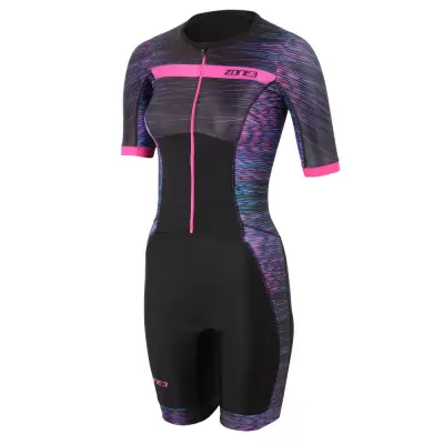 Womens' Activate+ Momentum Short Sleeve Full Zip Trisuit / Black/Teal/Purple/Pink