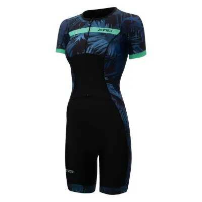 Women's Activate+ Tropical Palm Short Sleeve Trisuit / Navy/Mint
